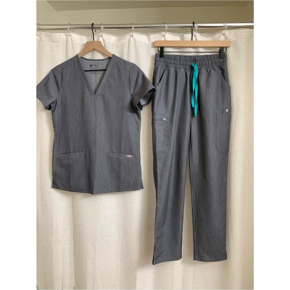 FIGS Women’s 2-Piece Set Gray Scrub Top & Pants Set Teal Drawstring XS